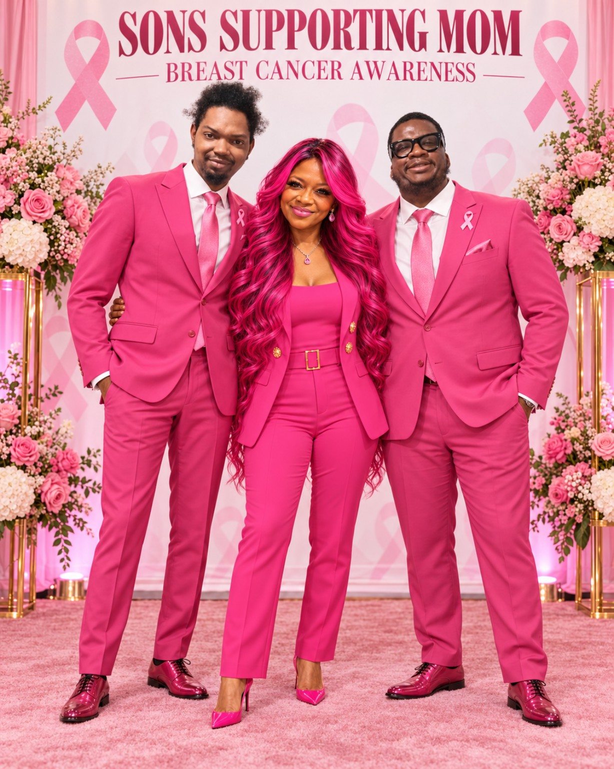 Family members in pink beneath a Sons Supporting Mom breast cancer awareness banner