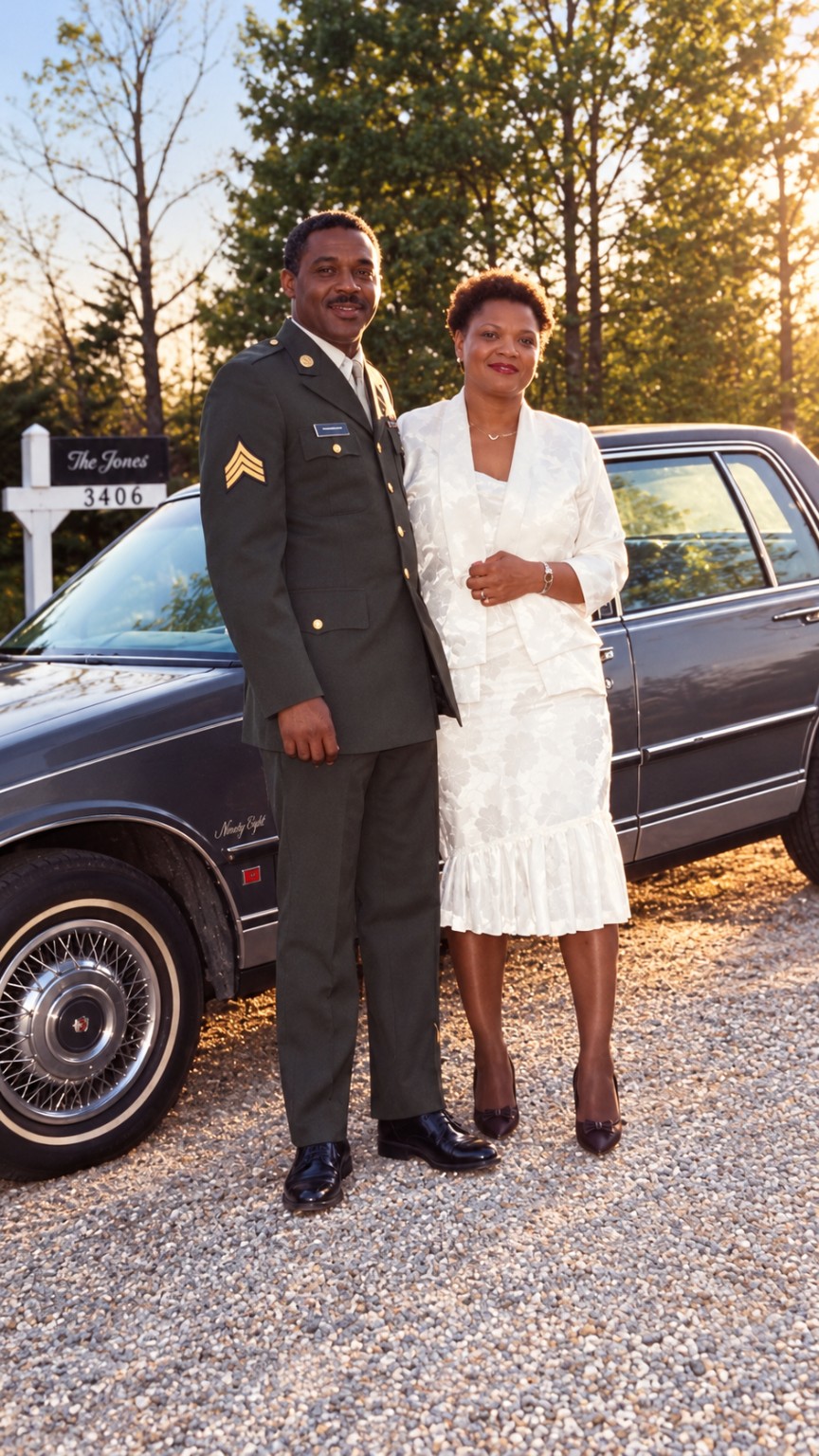 A man in military uniform and a woman in white beside a car