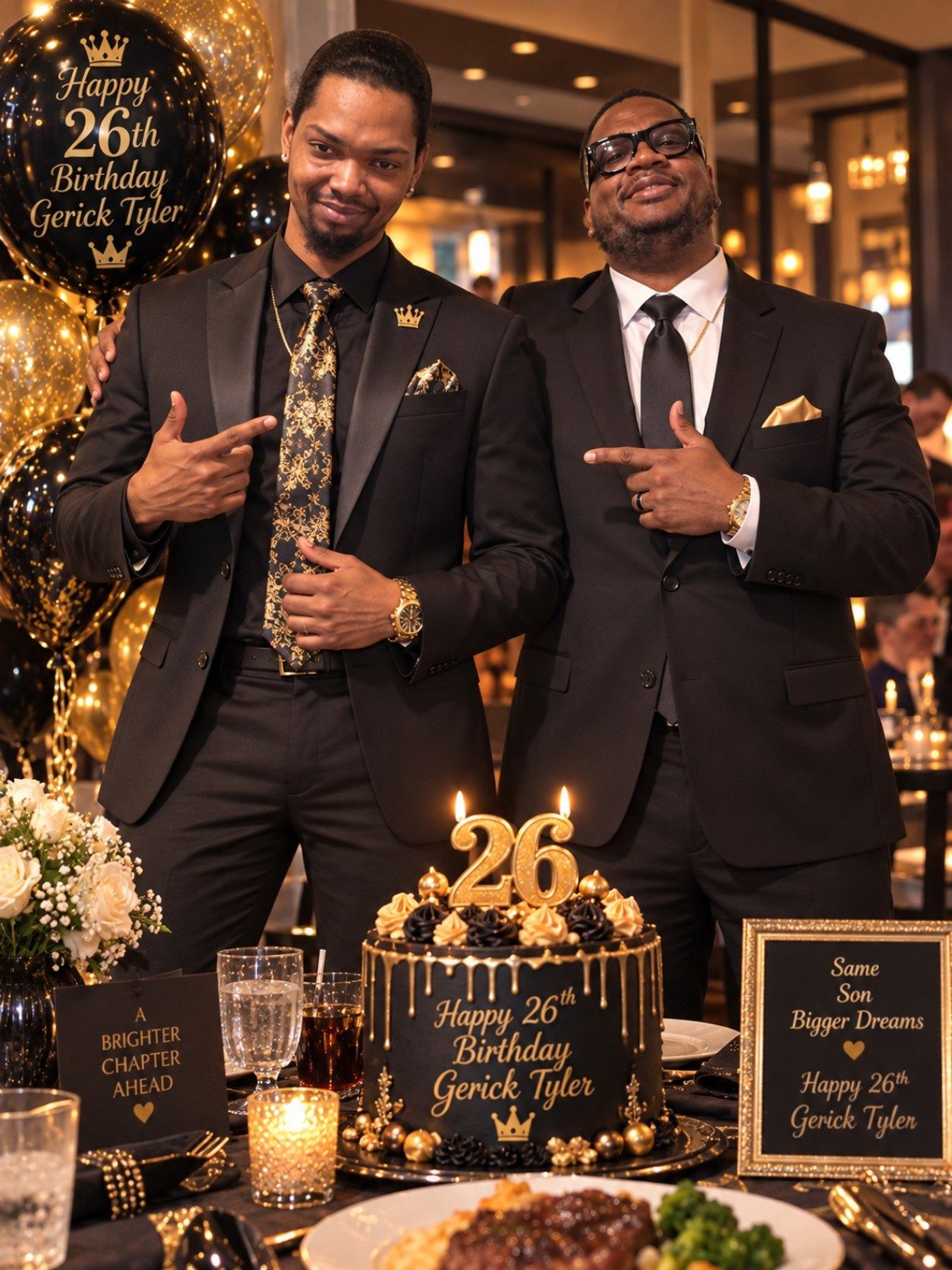 Two men in dark suits beside a birthday cake