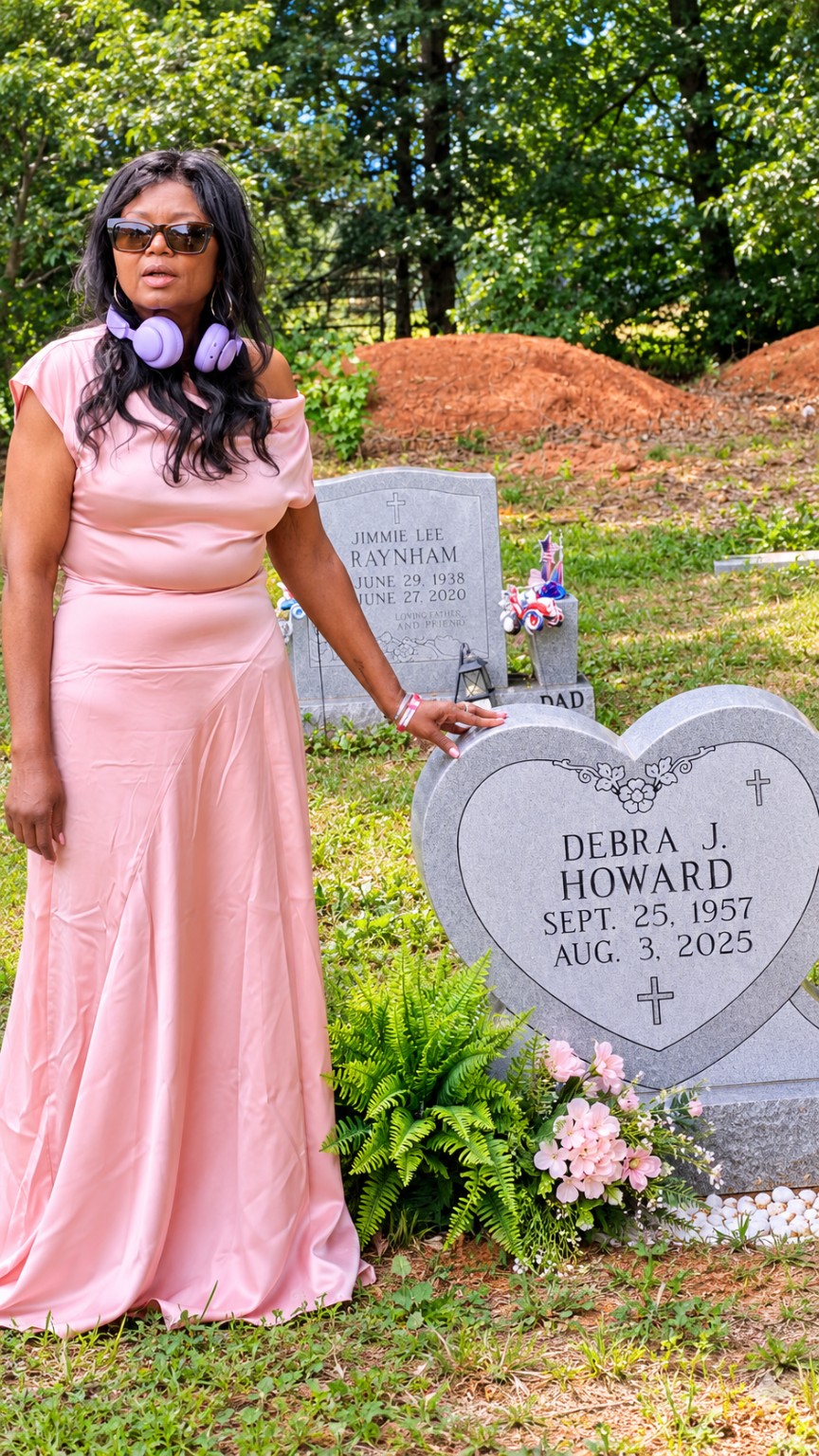 A family member in pink beside a memorial headstone