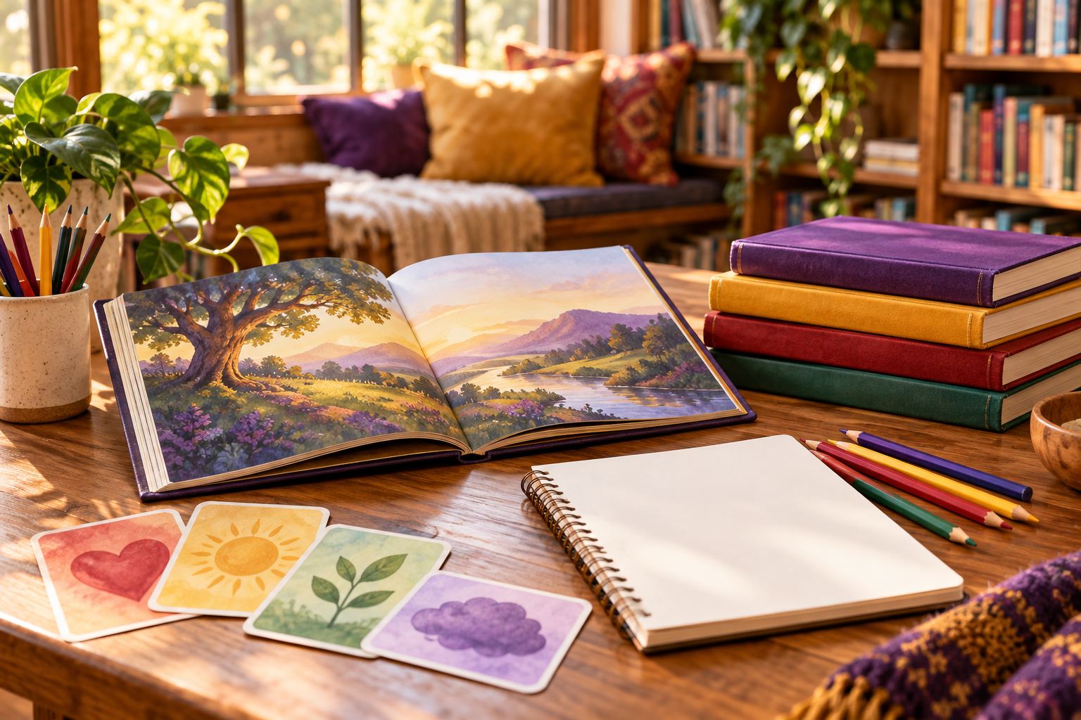 Illustration of an open picture book, colorful books, a writing notebook, pencils and learning cards in a sunny reading space
